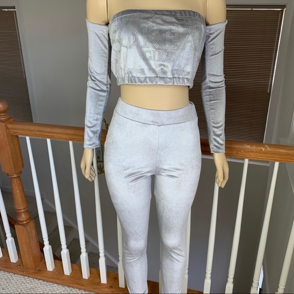 Grey rhinestone off shoulder outfit